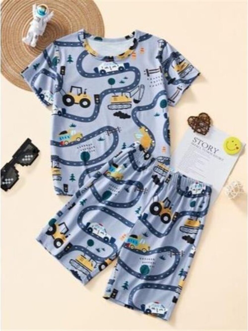 Children's Construction Vehicle Print Top and Shorts Set